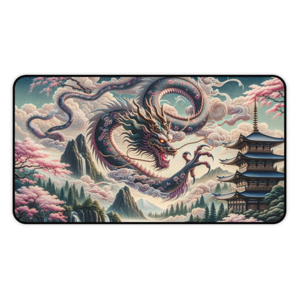 Desk Mat - Japanese Dragon Landscape, Gaming Mouse Pad, Office Desk Accessory, Asian Mythology Work Mat, Nature Scene Desk Protector