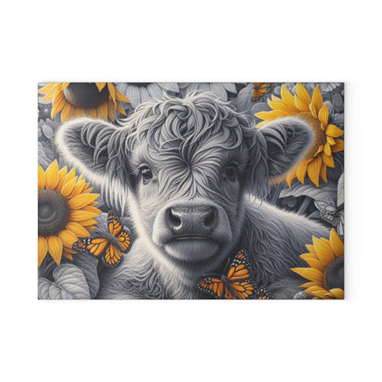 Glass Cutting Board, Cow and Sunflowers Kitchen Decor, Butterfly Glass Chopping Board, Farmhouse Cow Trivet, Floral Glass Cutting Board,