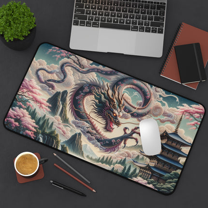 Desk Mat - Japanese Dragon Landscape, Gaming Mouse Pad, Office Desk Accessory, Asian Mythology Work Mat, Nature Scene Desk Protector