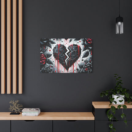 Canvas Wall Art, Abstract Broken Heart with Roses Home Decor, Stretched Matte Print, Romantic Floral Painting, Heartbreak Art, Gift For Her
