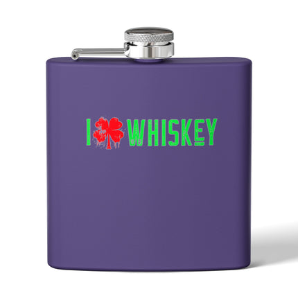 Stainless Steel Flask - I Love Whiskey with Shamrock Design for St. Patrick's Day, Gift for Whiskey Lovers, Custom Hip Flask, Party