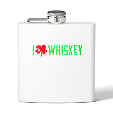 Stainless Steel Flask - I Love Whiskey with Shamrock Design for St. Patrick's Day, Gift for Whiskey Lovers, Custom Hip Flask, Party