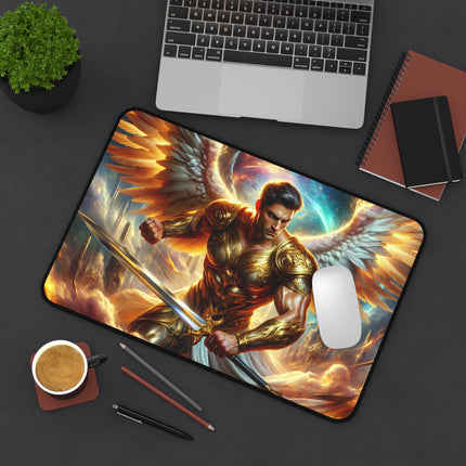 Golden Angel Warrior Desk Mat, Heavenly Guardian Table Mat, Metallic Angelic Mouse Pad, Celestial Office Desk Protector, Divine Gaming Pad
