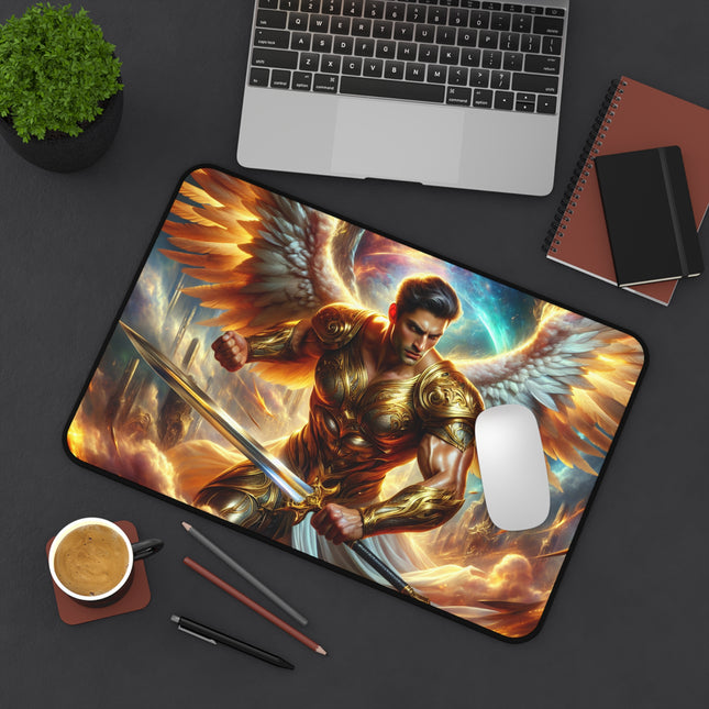 Golden Angel Warrior Desk Mat, Heavenly Guardian Table Mat, Metallic Angelic Mouse Pad, Celestial Office Desk Protector, Divine Gaming Pad