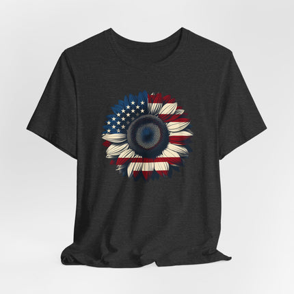 American Sunflower Flag T-shirt, American Floral Tee, Patriotic Flower Shirt, USA Garden Top, Independence Day Clothing, 4th of July