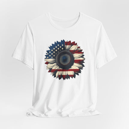 American Sunflower Flag T-shirt, American Floral Tee, Patriotic Flower Shirt, USA Garden Top, Independence Day Clothing, 4th of July