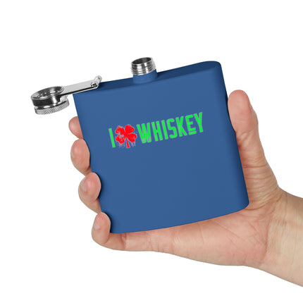 Stainless Steel Flask - I Love Whiskey with Shamrock Design for St. Patrick's Day, Gift for Whiskey Lovers, Custom Hip Flask, Party