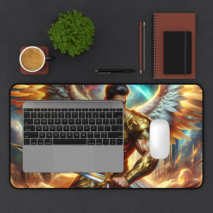 Golden Angel Warrior Desk Mat, Heavenly Guardian Table Mat, Metallic Angelic Mouse Pad, Celestial Office Desk Protector, Divine Gaming Pad