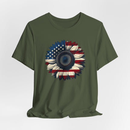 American Sunflower Flag T-shirt, American Floral Tee, Patriotic Flower Shirt, USA Garden Top, Independence Day Clothing, 4th of July