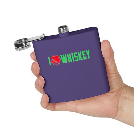 Stainless Steel Flask - I Love Whiskey with Shamrock Design for St. Patrick's Day, Gift for Whiskey Lovers, Custom Hip Flask, Party
